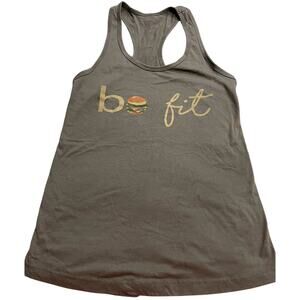 Be Fit Beef It Tank Top Women's Size Medium Emily Burger Racerback Taupe Novelty